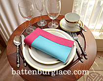 Multicolor Hemstitch Napkins. Aqua Blue with Raspberry Sorbet